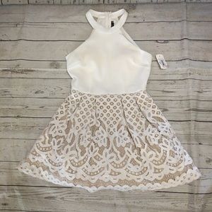 😍 Midnight Doll Cream White Lace and Tan Halter Neck Mini dress size 7